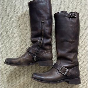 Frye brown leather distressed knee high moto boot